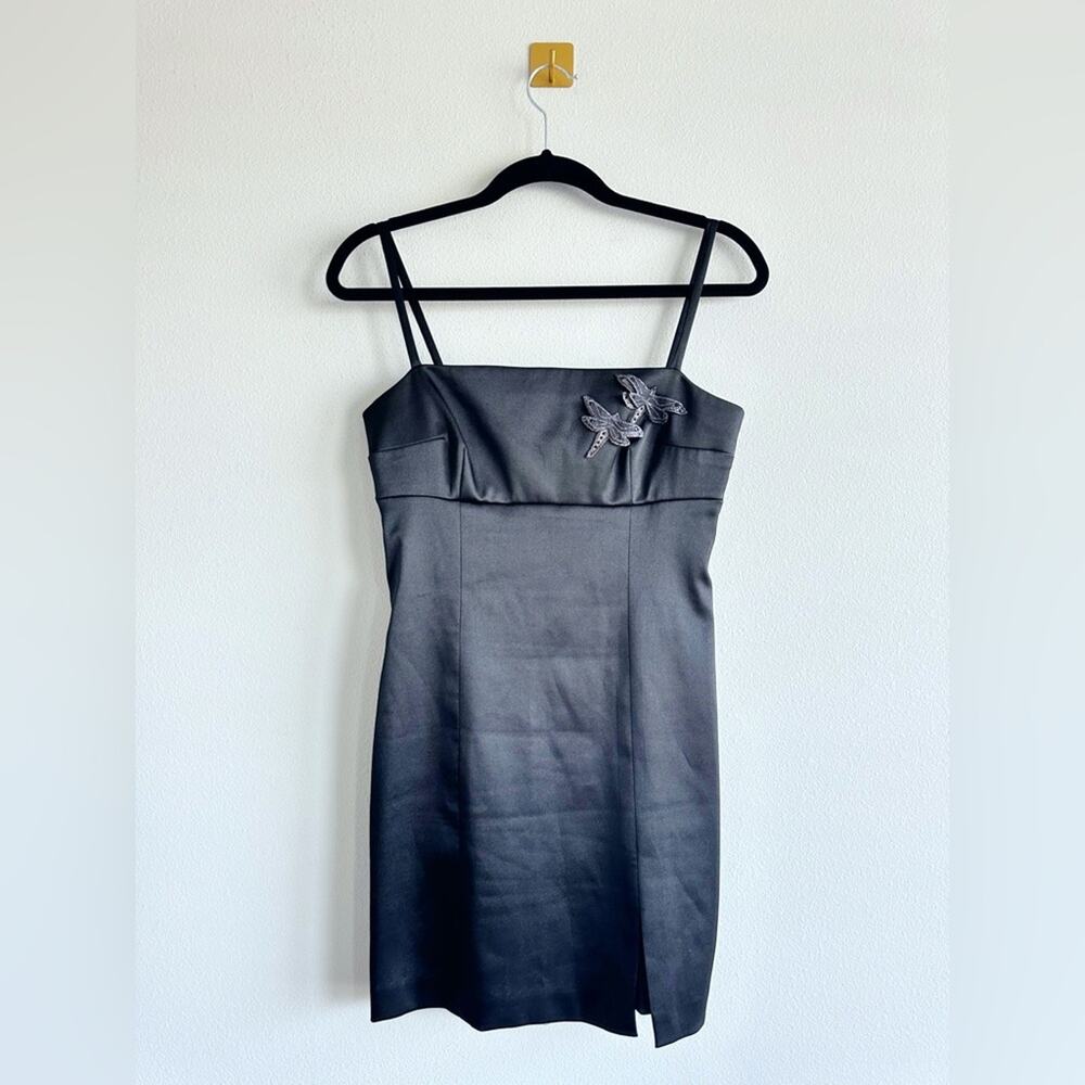 Vintage 90s Hugo Buscati Black Satin Mini Dress Dragonfly Appliqué Size 8